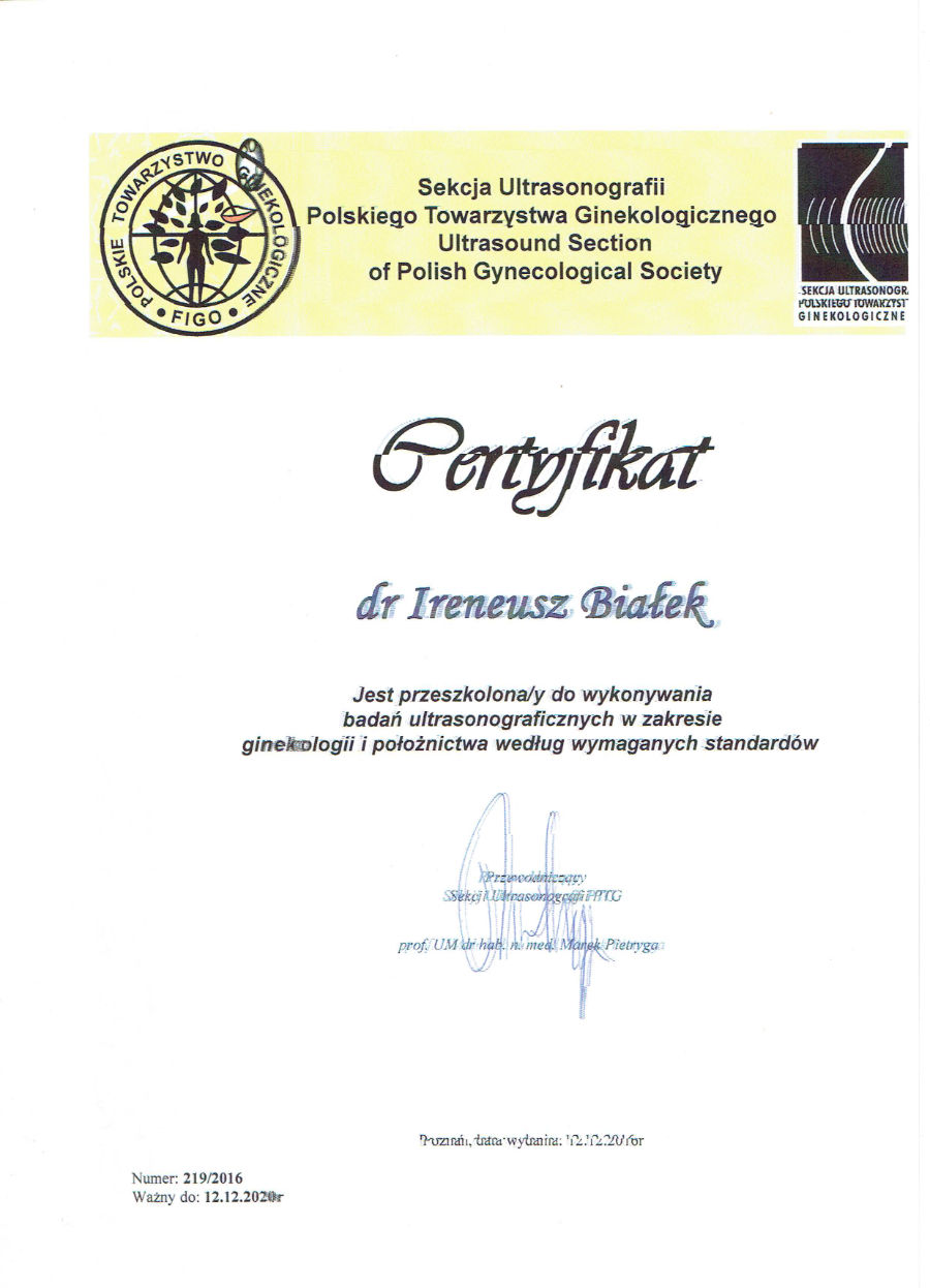 Certyfikat Sekcji USG Polskiego Towarzystwa Ginekologicznego - Lek.med. Ireneusz Białek rok 2016