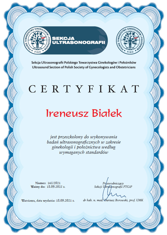 Certyfikat Sekcji USG Polskiego Towarzystwa Ginekologicznego - Lek.med. Ireneusz Białek rok 2021